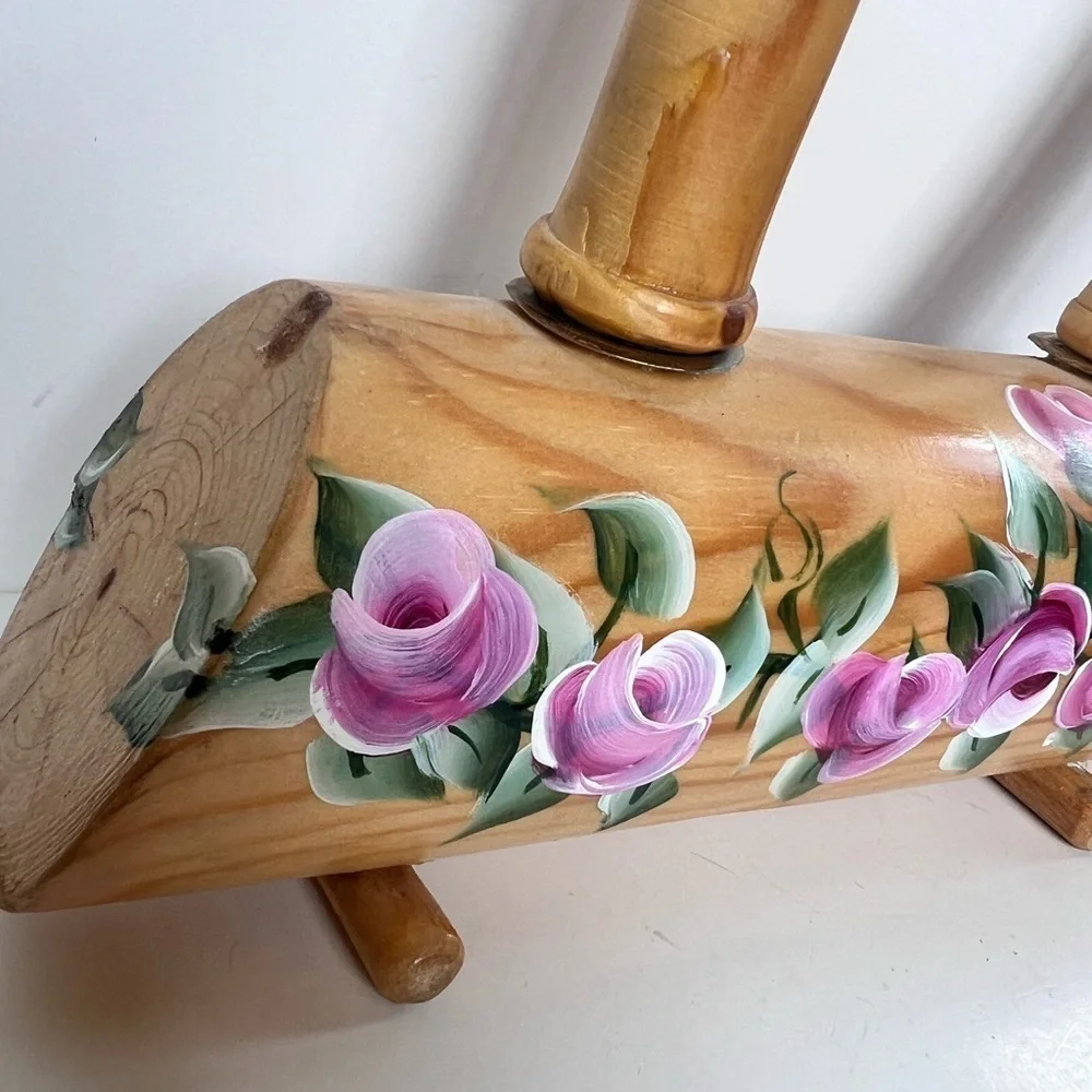 Vintage Wood Tapered Candle Holder Natural Hand Painted Carved Roses 90s Y2K
